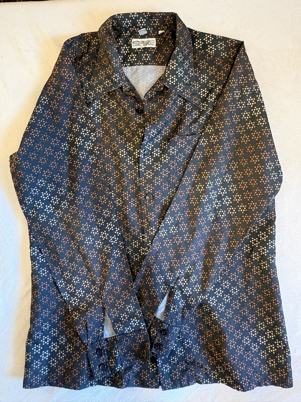 Spire Vintage Men's Black Button-Down Shirt with Brown and White Dot Pattern